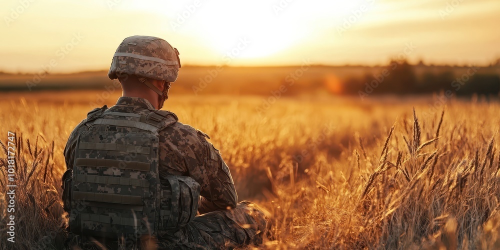 A soldier sitting in a golden field, reflecting on his experiences during sunset, symbolizing peace and contemplation.