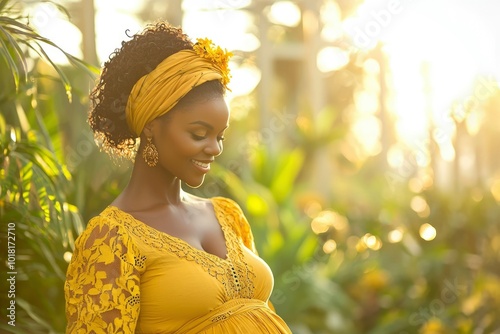 Pregnant Woman in Yellow Dress and Headscarf Smiling in a Garden photo
