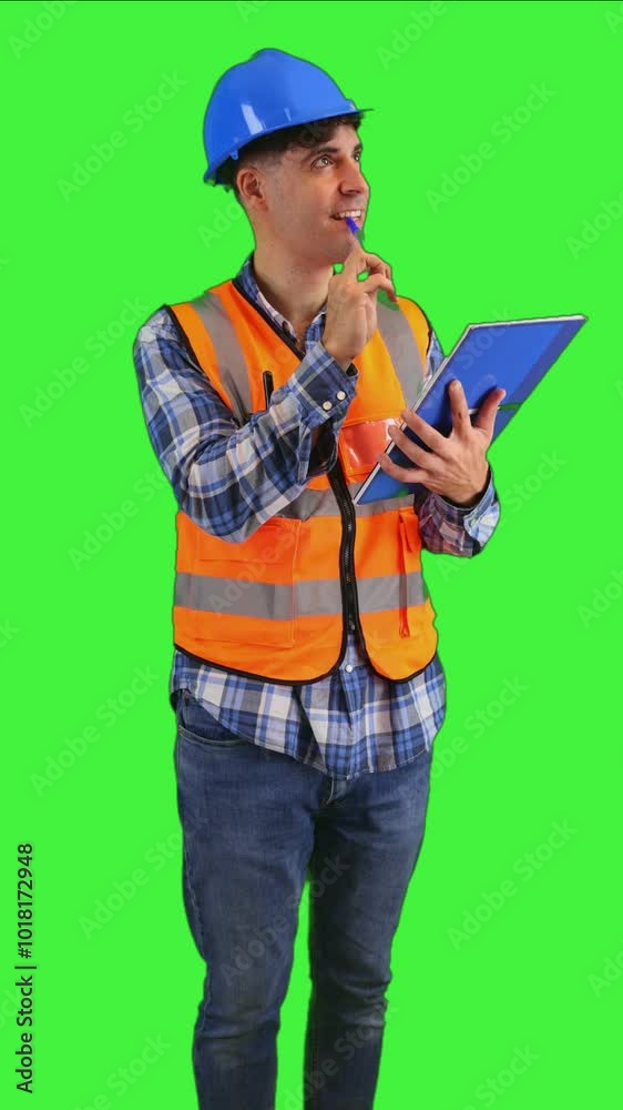 vertical Construction worker taking notes in notebook with pen wearing orange vest and safety helmet vertical Construction worker taking notes in notebook with pen wearing orange vest and safety helmet