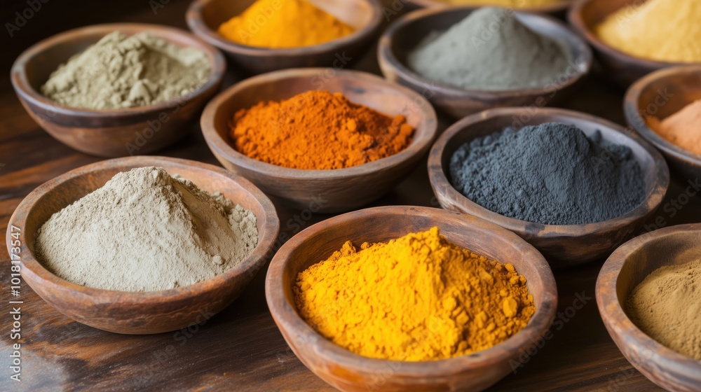 Colorful spices in wooden bowls, vibrant hues and textures Colorful spices in wooden bowls, vibrant hues and textures
