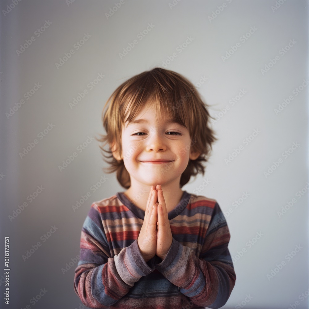 A joyful child with clasped hands smiles warmly, set against a simple backdrop that highlights his pure innocence and happiness.