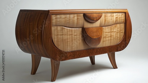 Elegant wooden dresser with curved design and unique drawer handles.