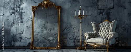 A vintage armchair beside an old grey wall with a large golden framed mirror, candelabra stand, dark atmosphere, photorealistic. photo