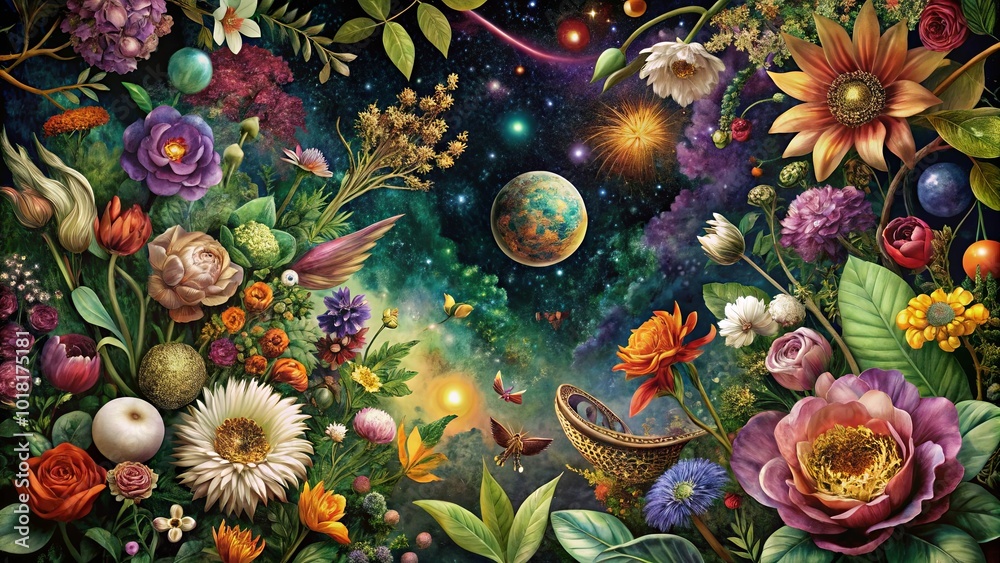 A cosmic bloom of vibrant blossoms and celestial wonders, a harmonious dance of nature and the unknown A cosmic bloom of vibrant blossoms and celestial wonders, a harmonious dance of nature and the unknown