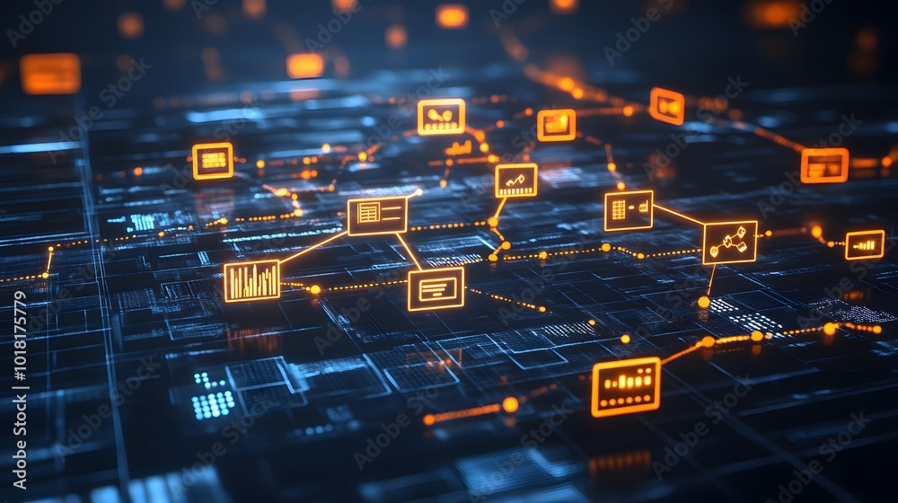 Obraz premium Abstract Network Technology Background with Orange Icons