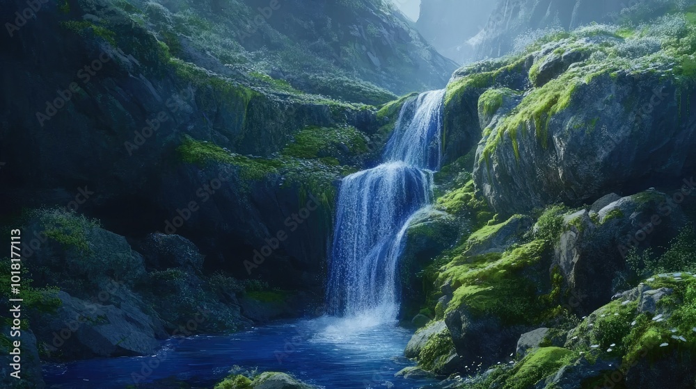 A blue waterfall cascading down moss-covered rocks into a clear pool below A blue waterfall cascading down moss-covered rocks into a clear pool below
