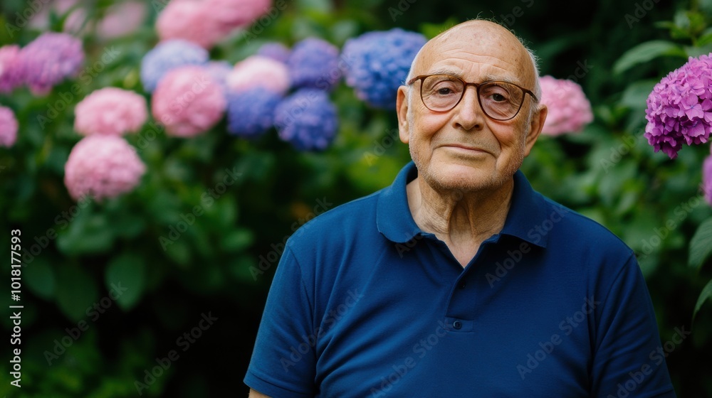 Elderly Man in Garden with Colorful Hydrangeas, AI Elderly Man in Garden with Colorful Hydrangeas, AI