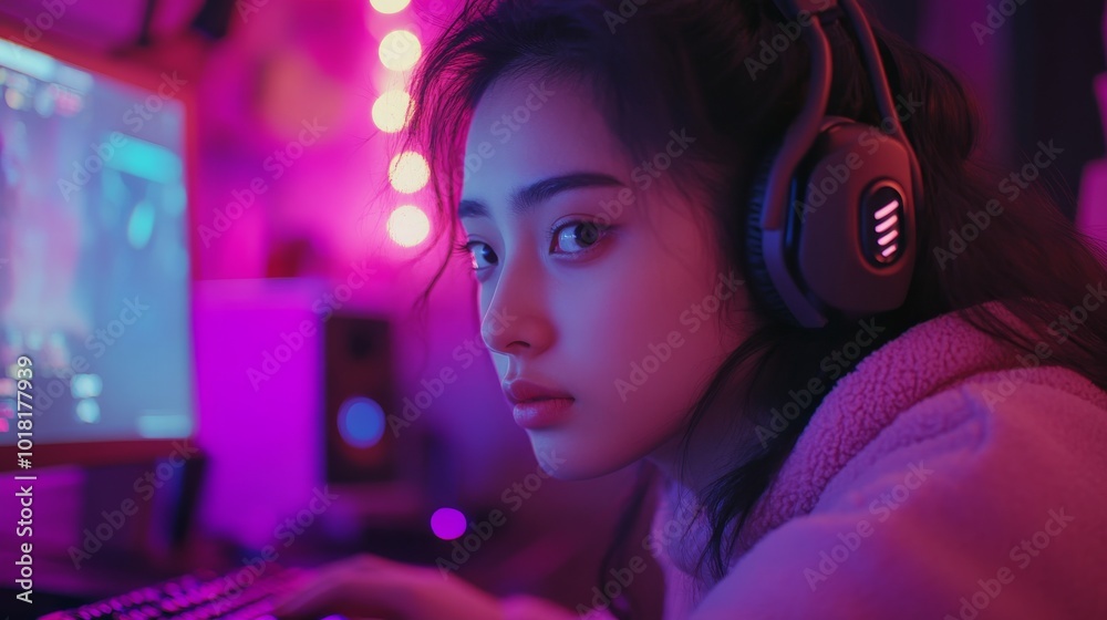 Woman live streaming her video game session in a high-tech gaming room with neon RGB lights, dual monitors, and a professional mic. She focused on the screen with an intense expression. Woman live streaming her video game session in a high-tech gaming room with neon RGB lights, dual monitors, and a professional mic. She focused on the screen with an intense expression.