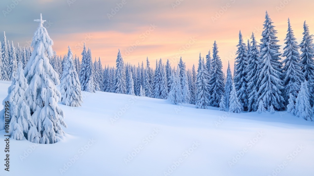 Naklejka premium Snow-Covered Forest at Sunrise, AI