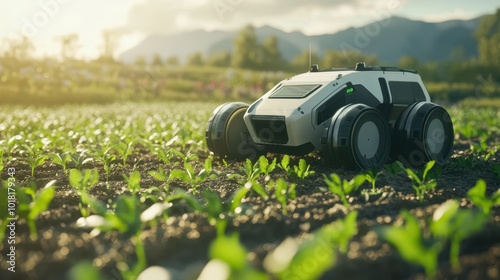 Futuristic agriculture system with autonomous robots planting and harvesting crops