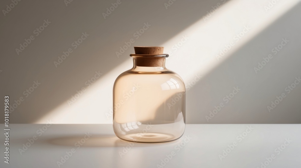 a delicately crafted, transparent glass jar with a rounded body and a narrow neck carefully sealed with a cork stopper a delicately crafted, transparent glass jar with a rounded body and a narrow neck carefully sealed with a cork stopper