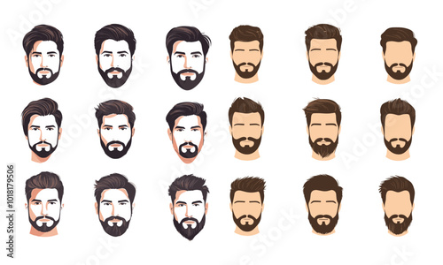 Men hairstyle icons set with beard and mustache flat isolated vector illustration