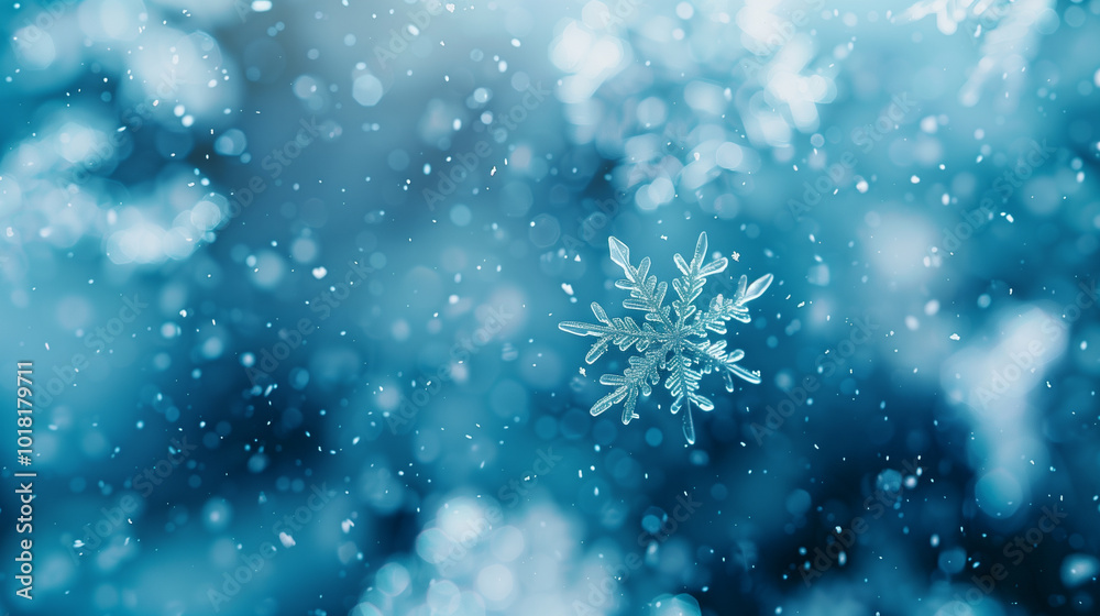 Beautiful close-up of snowflakes with soft bokeh effect in blue winter scene Beautiful close-up of snowflakes with soft bokeh effect in blue winter scene