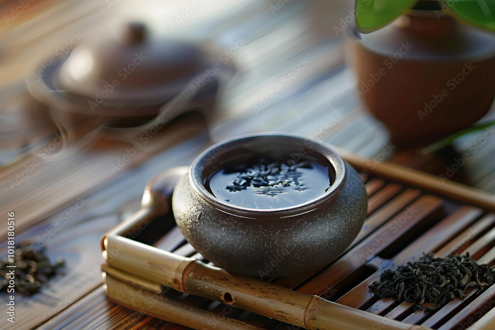 Assortment of traditional oriental tea leaves teatime ceremony hot and dry green black tea, Generative AI