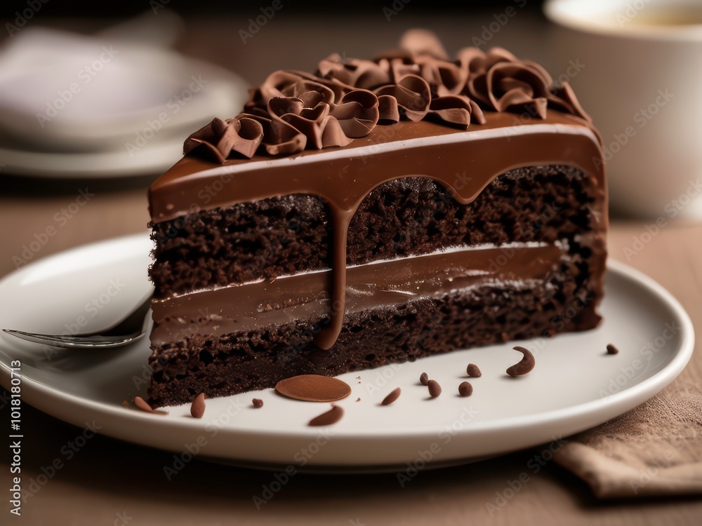 Slice of chocolate cake with chocolate filling on a white plate Slice of chocolate cake with chocolate filling on a white plate