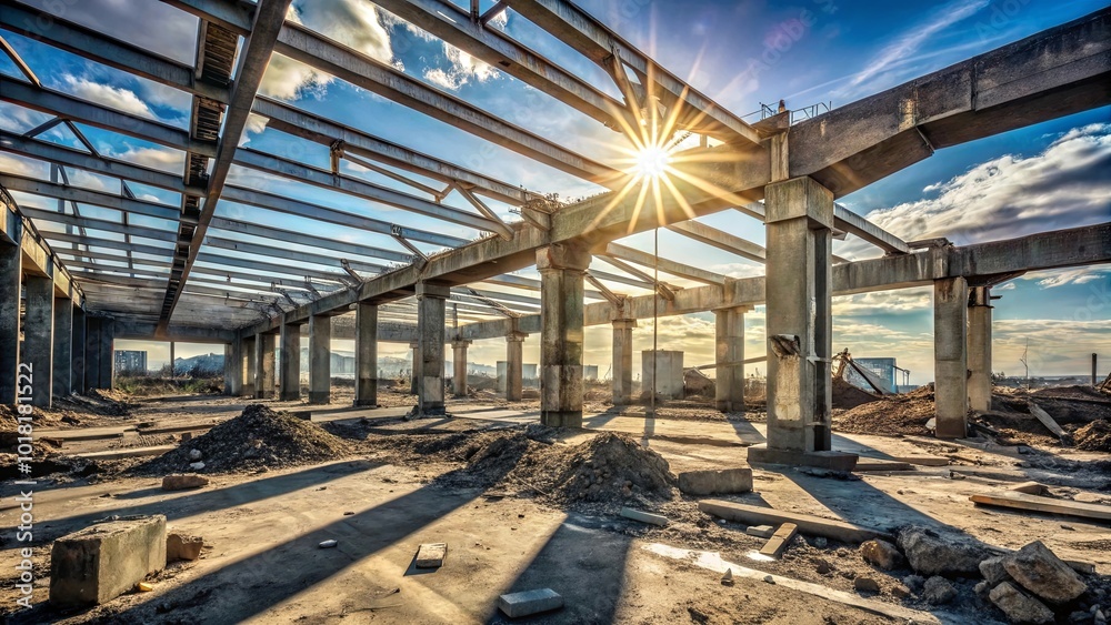 Sun-drenched Ruins of a Forgotten Structure, A Glimpse of Past Grandeur Through Shattered Beams and Crumbling Pillars Sun-drenched Ruins of a Forgotten Structure, A Glimpse of Past Grandeur Through Shattered Beams and Crumbling Pillars