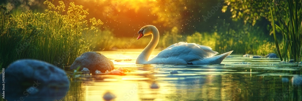 Φωτογραφία A serene scene with a graceful swan swimming in a tranquil river