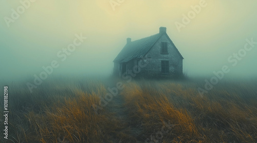 A small, weathered cottage stands alone in a vast, foggy landscape, surrounded by tall grass and mist. The isolated location evokes a sense of mystery and quiet solitude.