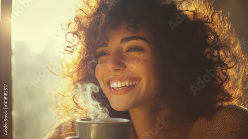 Happy woman with curly hair enjoying a hot beverage in sunlight