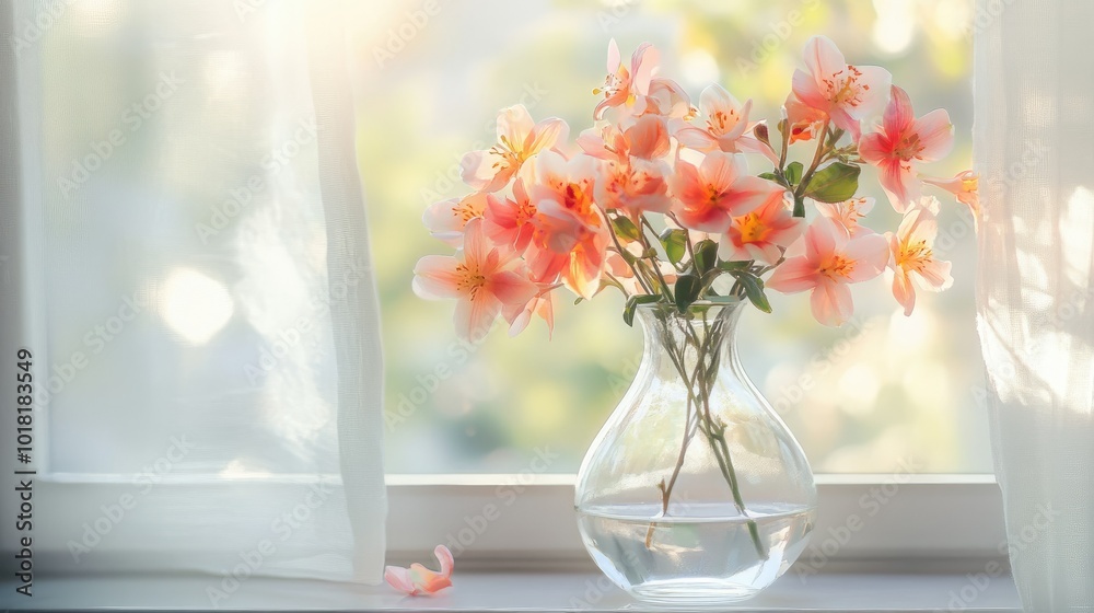 A simple glass vase filled with delicate pink and orange flowers, with soft natural lighting creating a peaceful, serene scene A simple glass vase filled with delicate pink and orange flowers, with soft natural lighting creating a peaceful, serene scene