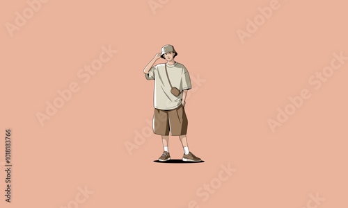 Man in casual street wear with bucket hat and cross body bag