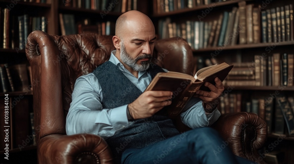 A gentleman in a vest sits comfortably in an armchair, deeply focused on reading a classic book in a library adorned with shelves of antique literature A gentleman in a vest sits comfortably in an armchair, deeply focused on reading a classic book in a library adorned with shelves of antique literature