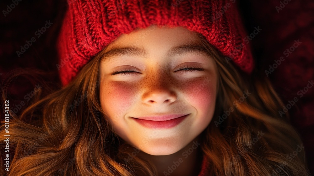 A child with flowing hair and a red beanie beams with joy, eyes closed and a wide smile, enjoying the warmth of a winter afternoon while relaxing on a comfy surface A child with flowing hair and a red beanie beams with joy, eyes closed and a wide smile, enjoying the warmth of a winter afternoon while relaxing on a comfy surface