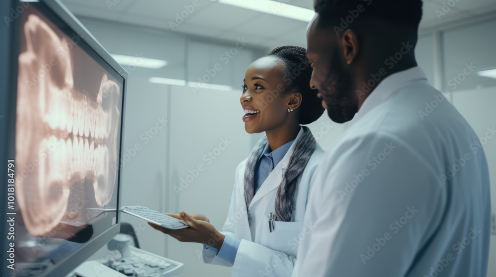 generated illustration of African dentists pointing at screen with xray picture generated illustration of African dentists pointing at screen with xray picture
