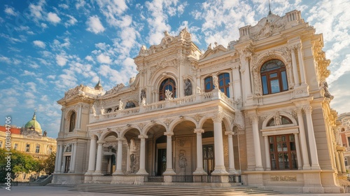 Grand opera house with a magnificent facade and towering columns in a historical city center