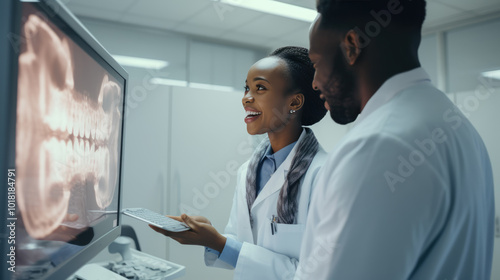 generated illustration of African dentists pointing at screen with xray picture