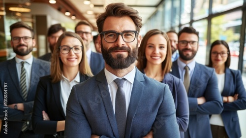 A diverse group of professionals stands together in a contemporary office, smiling and showcasing teamwork. They are dressed in formal business attire, reflecting a positive work environment