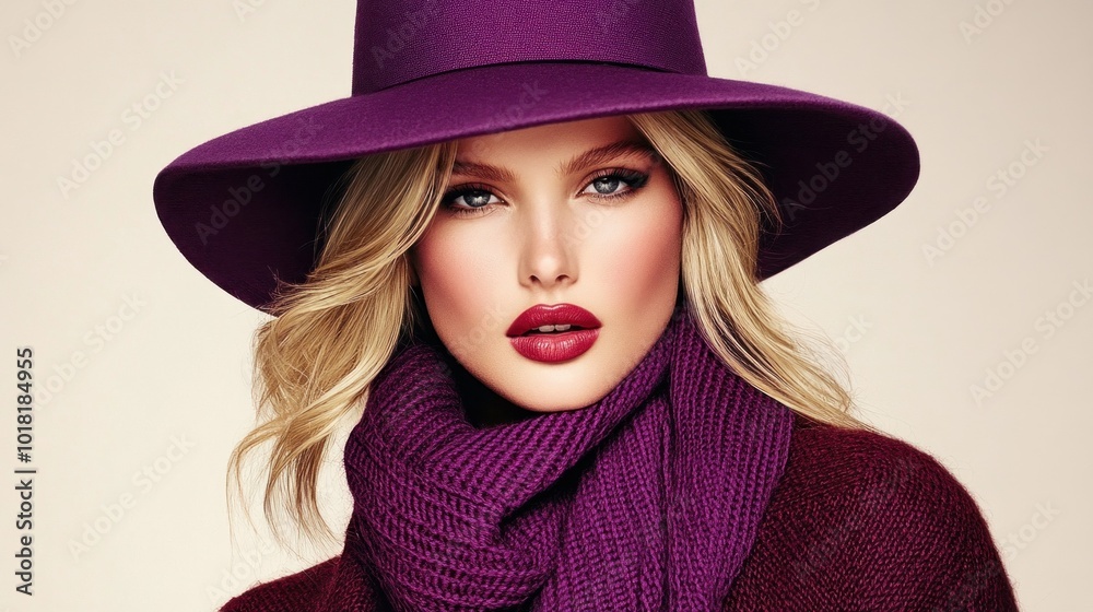 A stylish woman showcases her winter fashion with a vibrant purple hat and matching scarf. Her makeup highlights her features, creating a chic look perfect for cold weather A stylish woman showcases her winter fashion with a vibrant purple hat and matching scarf. Her makeup highlights her features, creating a chic look perfect for cold weather