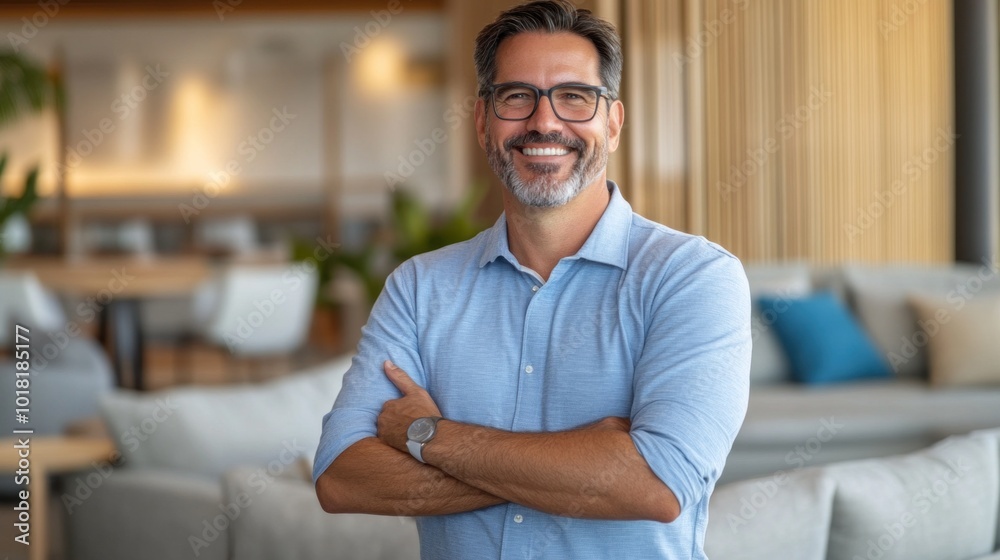 A confident man with glasses smiles warmly while posing in a contemporary office space. The cozy surroundings feature comfortable furnishings and ample natural light A confident man with glasses smiles warmly while posing in a contemporary office space. The cozy surroundings feature comfortable furnishings and ample natural light