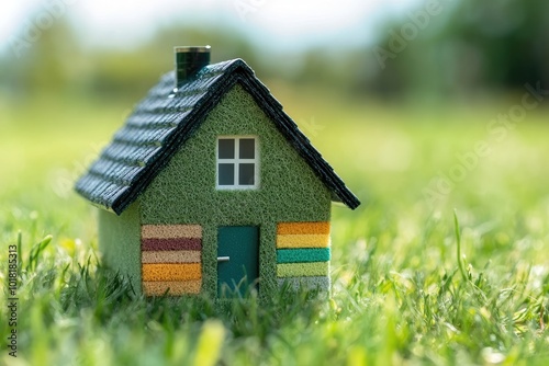 Miniature house showing energy efficiency rate on grass in the garden