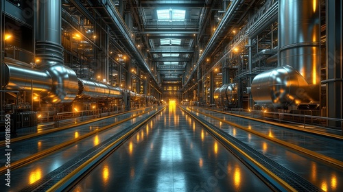 Industrial interior with metallic pipes and glowing lights.