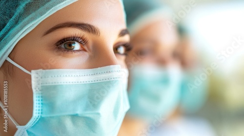 A close-up view showcases medical personnel in protective masks and caps, emphasizing their commitment to health and safety while attending to patients during a busy clinical environment