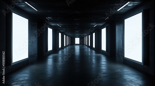 The setting showcases a dimly lit corridor adorned with glowing, empty panels on both sides, enhancing the minimalist, modern aesthetic of the space while creating a mysterious atmosphere