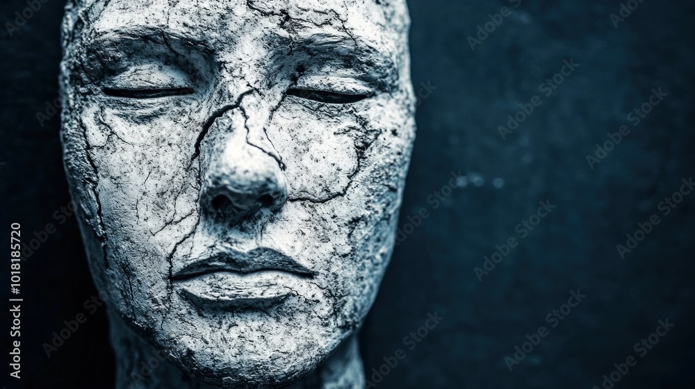 The stone mask, marked by deep cracks, evokes a sense of introspection and sadness. Set against a dark backdrop, it highlights the artistry and emotion captured in a silent expression The stone mask, marked by deep cracks, evokes a sense of introspection and sadness. Set against a dark backdrop, it highlights the artistry and emotion captured in a silent expression