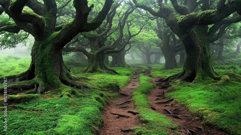A serene path winds through a lush forest filled with ancient, moss-covered trees under a blanket of soft morning mist, creating a peaceful atmosphere A serene path winds through a lush forest filled with ancient, moss-covered trees under a blanket of soft morning mist, creating a peaceful atmosphere