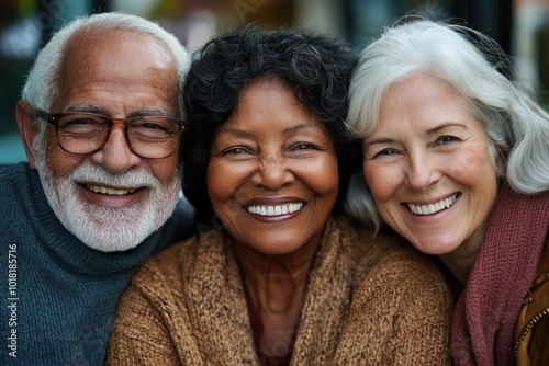 Three diverse senior friends smiling together outdoors