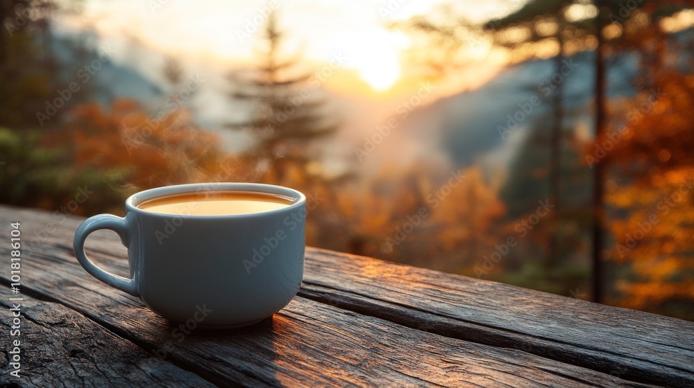 Obraz premium A steaming cup of coffee rests on a weathered wooden table, surrounded by colorful autumn trees and mountains as the sun rises, creating a peaceful morning vibe