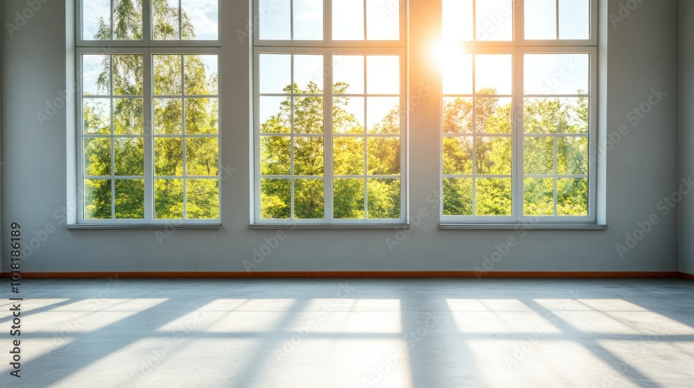Morning light fills a spacious, vacant room through expansive windows, creating warm reflections on the floor and showcasing vibrant greenery just outside Morning light fills a spacious, vacant room through expansive windows, creating warm reflections on the floor and showcasing vibrant greenery just outside