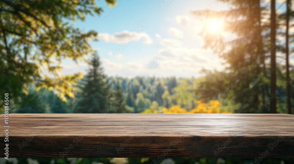 A rustic wooden table sits in the foreground, showcasing a beautiful view of a lush green forest illuminated by the warm afternoon sunlight, enhancing the serene atmosphere A rustic wooden table sits in the foreground, showcasing a beautiful view of a lush green forest illuminated by the warm afternoon sunlight, enhancing the serene atmosphere