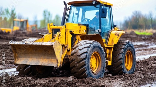 A yellow construction loader is seen maneuvering through wet, muddy ground at a work site, highlighting the importance of machinery in land preparation during the spring season