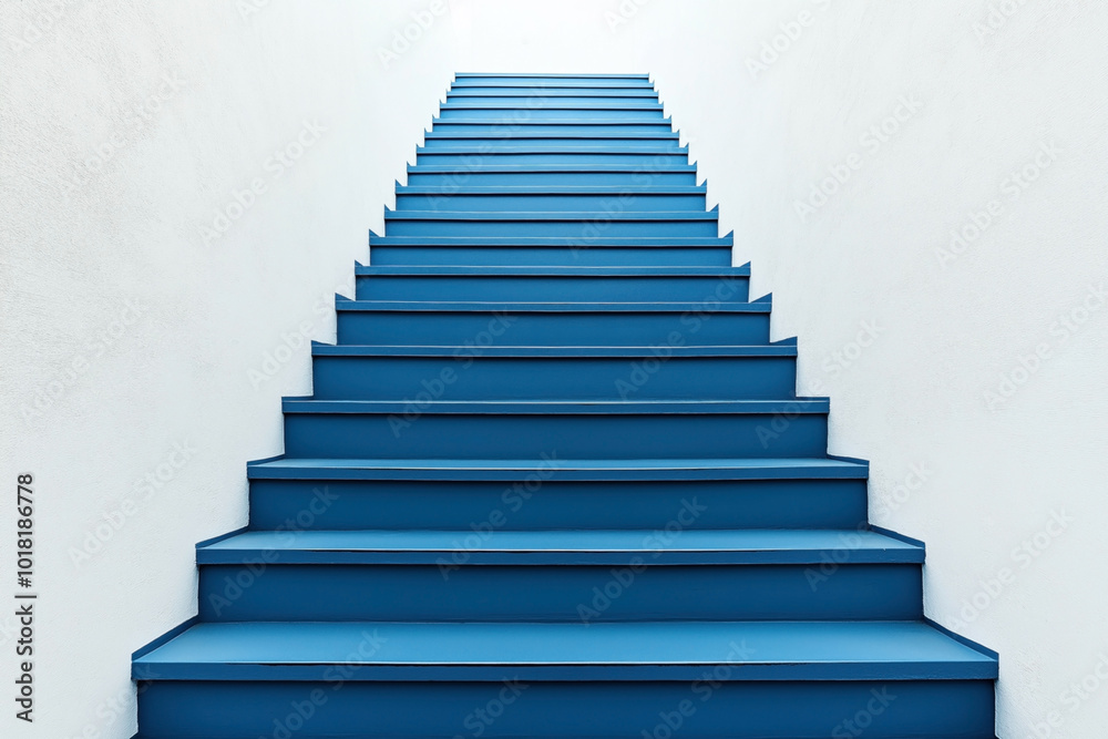 Minimalistic blue staircase with white walls leading upwards, photographed from a straight-on perspective creating a symmetrical and geometric composition. Minimalistic blue staircase with white walls leading upwards, photographed from a straight-on perspective creating a symmetrical and geometric composition.