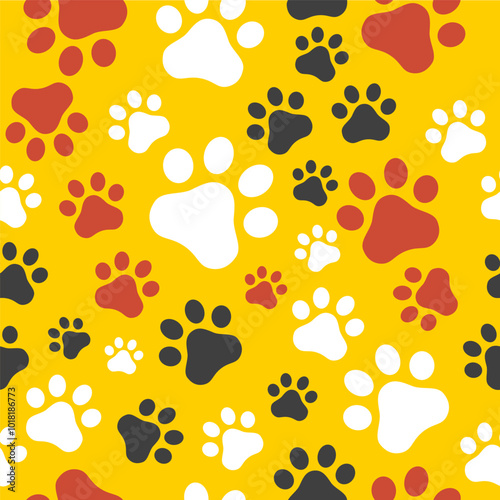 Bright vector seamless pattern of many cat paw prints. Flat style animalistic print. Funny background element for pet supplies, snack, dry food packaging layout, store advertising. Cute kids design