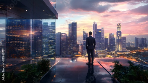 A businessman stands on a balcony, overlooking the city skyline at night
