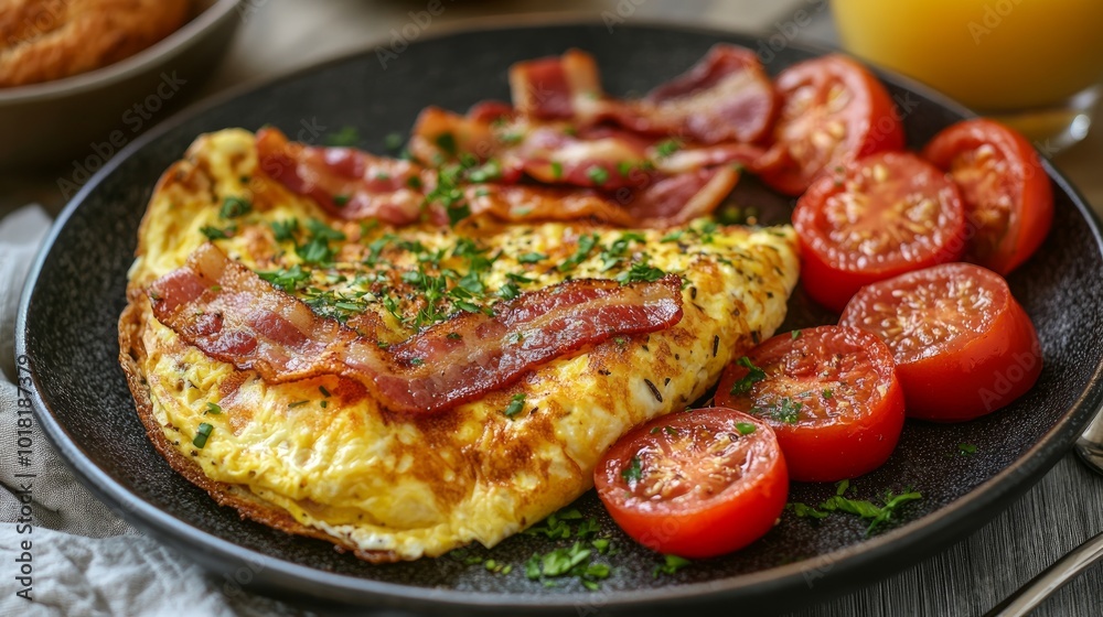 A delicious breakfast of an omelet with bacon and tomatoes on a plate. A delicious breakfast of an omelet with bacon and tomatoes on a plate.