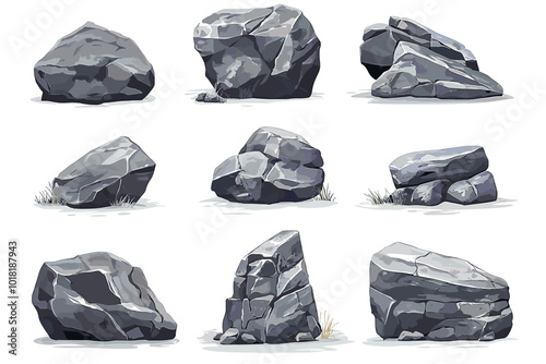 Vector illustration set of rocks gravel stones and boulders Drawings of Pebble piles. Heavy cobblestones and granite rubble