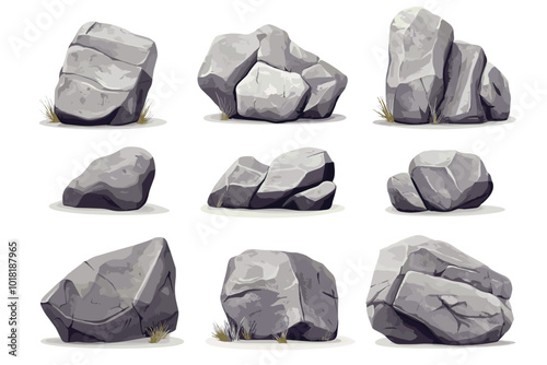 Vector illustration set of rocks gravel stones and boulders Drawings of Pebble piles. Heavy cobblestones and granite rubble